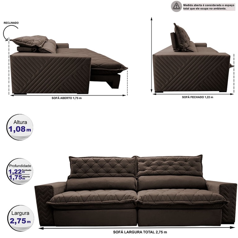 Sofá Retrátil e Reclinável 2,75m Molas Ensacadas Cama inBox Spazus com Bordado 3D Velusoft Café