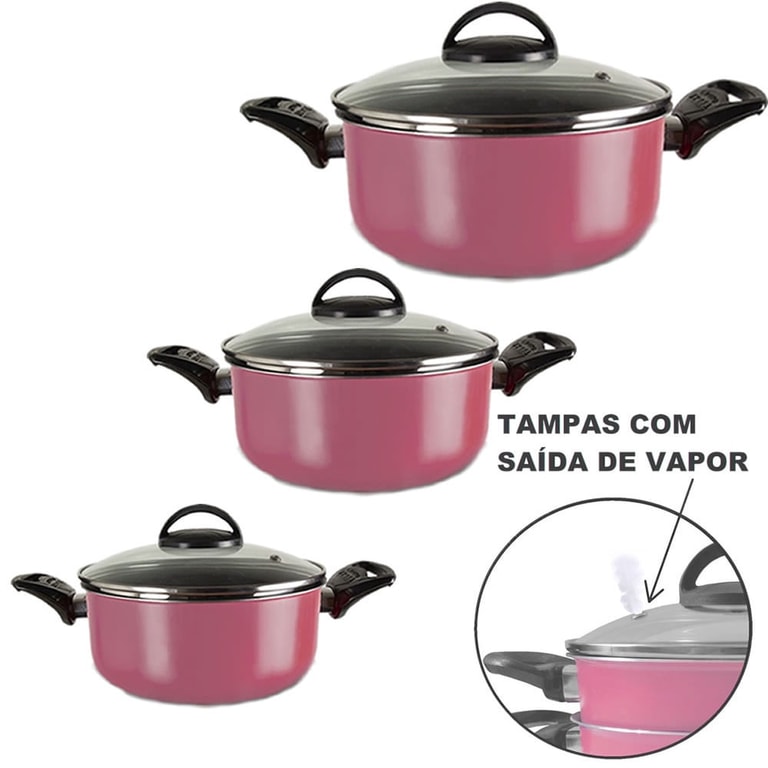 Kit de Panelas 13 Peças Rose Antiaderente com Tampa de Vidro