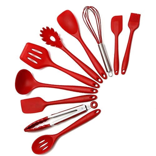 Conjunto de utensílios de cozinha 10pcs, silicone resistente ao calor utensílios de cozinha antiaderente ferramentas de cozimento, Turner, Whisk, Colher, Escova, espátula, ladle slotted turner Tongs P