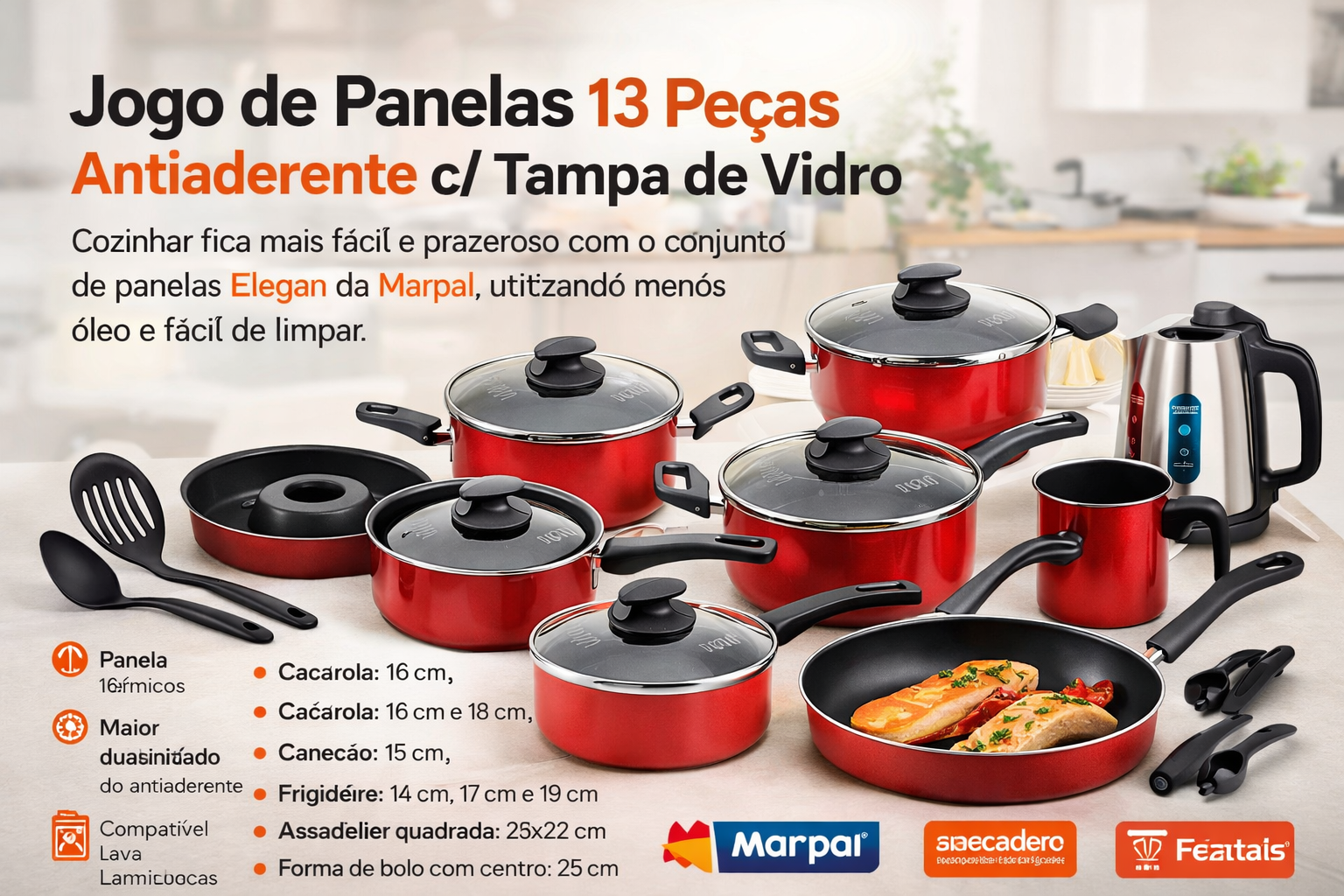 Kit Conjunto de Panelas 13 Pçs Teflon Antiaderente - Cores
