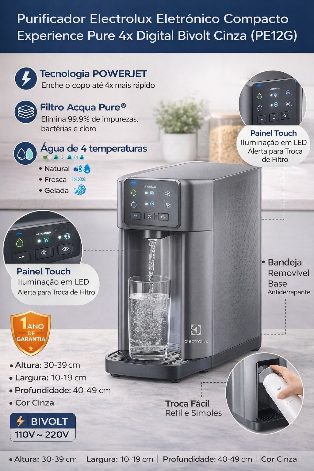 Purificador Electrolux Eletrônico Compacto Experience Pure 4x Digital Bivolt Cinza (PE12G)