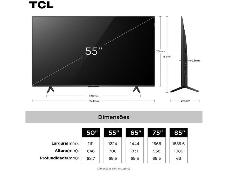 Smart TV 55" TCL 4K UHD QLED 55P7K Google TV AiPQ Google Assistente 3 HDMI 1 USB