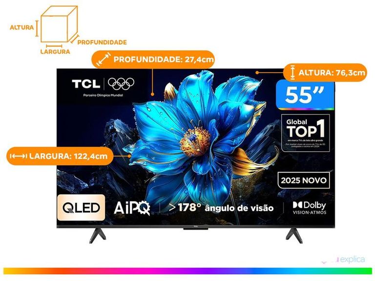 Smart TV 55" TCL 4K UHD QLED 55P7K Google TV AiPQ Google Assistente 3 HDMI 1 USB